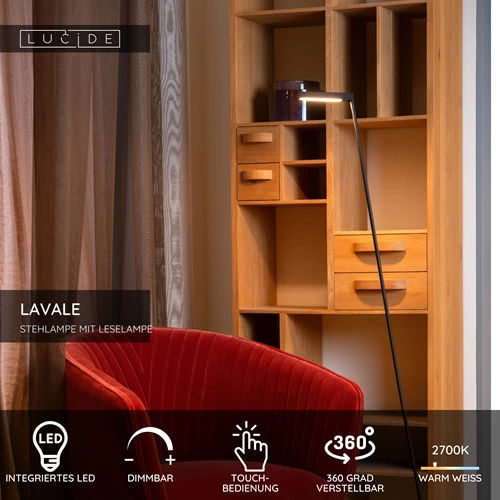 Lucide LAVALE - Stehlampe Mit Leselampe - LED Dim. - 1x3W 2700K - Schwarz - USP